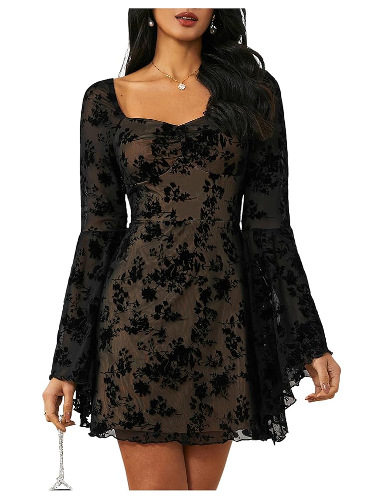 WDIRARA Women's Floral Jacquard Mesh Gothic Dress Bell Long